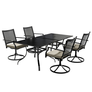 6-Piece Metal Outdoor Patio Dining Set with Square Table with 1.65 in. Umbrella Hole and Swivel Chairs