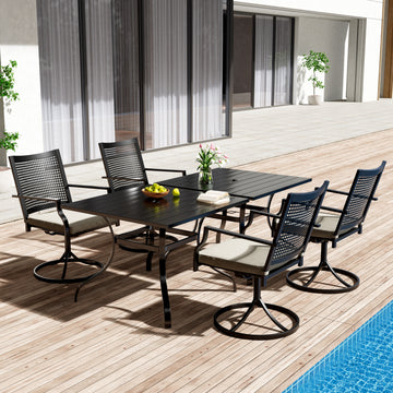 6-Piece Metal Outdoor Patio Dining Set with Square Table with 1.65 in. Umbrella Hole and Swivel Chairs