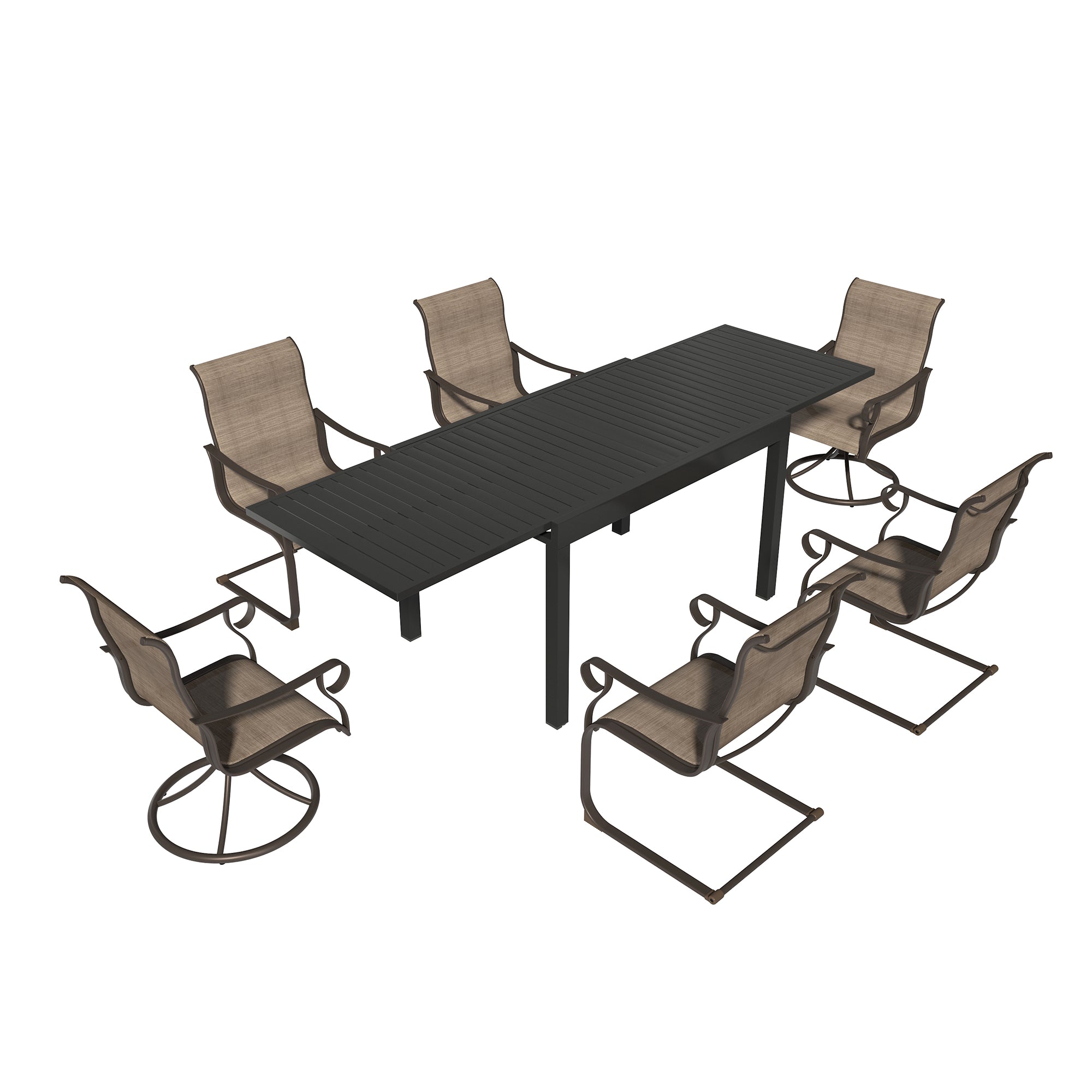 7-Piece Outdoor Dining Set with 53-106 Inch Aluminum Extendable Table and Textilene Swivel Chairs C-Spring Chairs