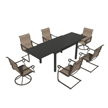 7-Piece Outdoor Dining Set with 53-106 Inch Aluminum Extendable Table and Textilene Swivel Chairs C-Spring Chairs