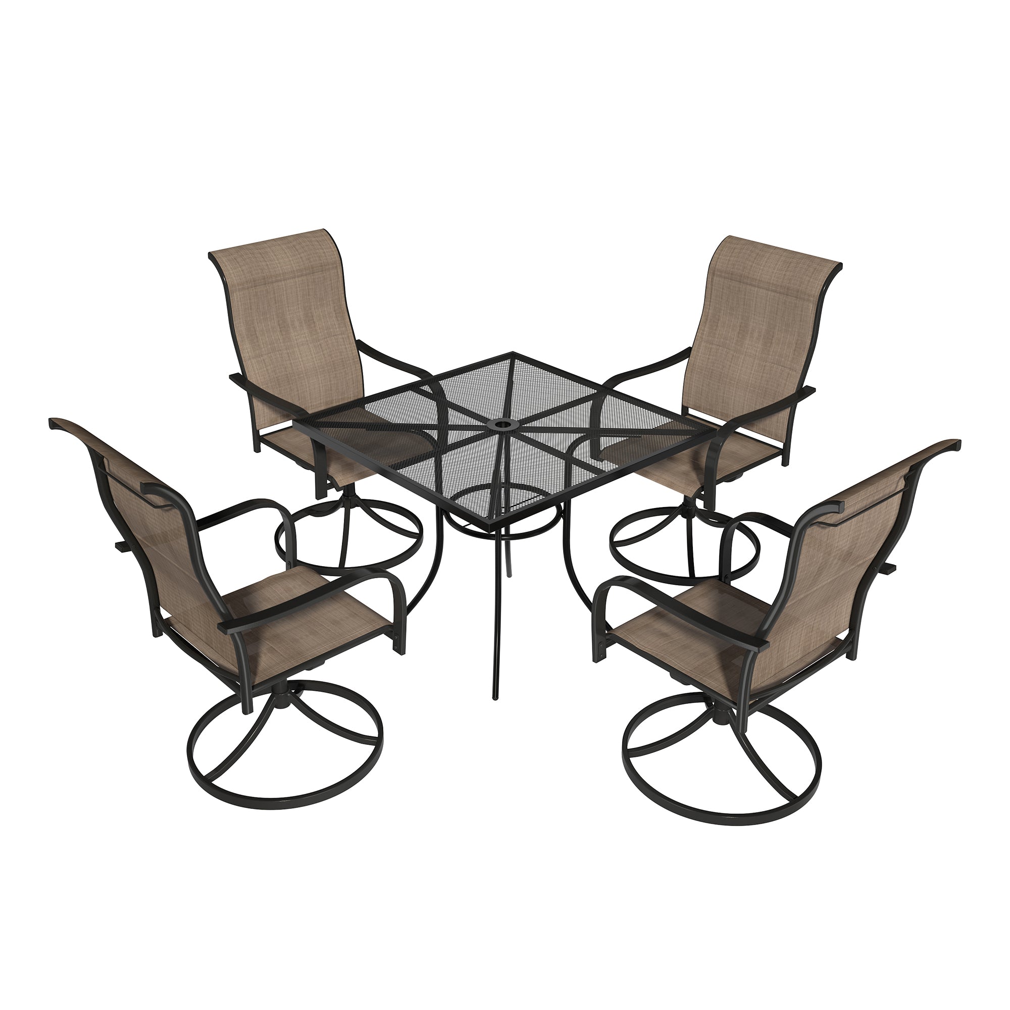 Black 5-Piece Metal Outdoor Patio Dining Set with Square Table with 1.9 in. Umbrella Hole and Swivel Chairs