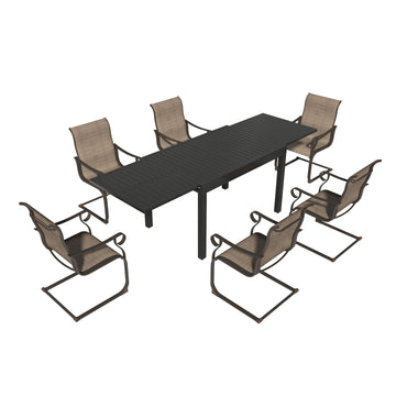 7-Piece Outdoor Dining Set with Aluminum Extendable Table 53-106 Inch and C-Spring Chairs