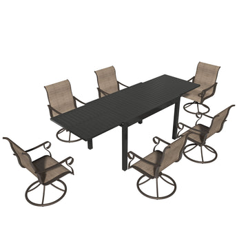 7-Piece Outdoor Dining Set with Aluminum Extendable Table 53-106 Inch and Textilene Swivel Chairs