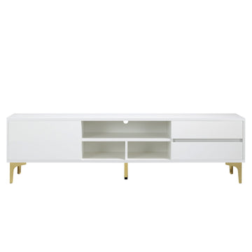White UV bloom drawer panel TV stand. Gold metal table legs TV Cabinet with LED remote control lights for living room or bedroom