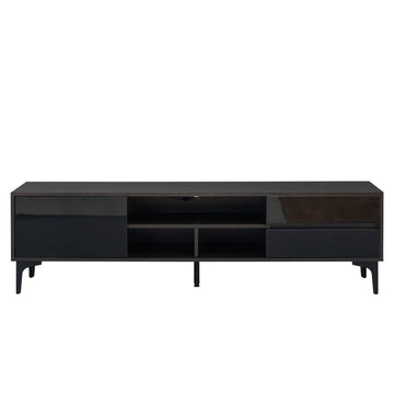 Dark Brown UV bloom drawer panel TV stand. Gold metal table legs TV Cabinet with LED remote control lights for living room or bedroom