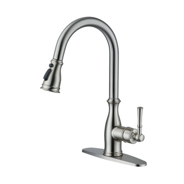 3-Spray Patterns Single Handle Pull Down Sprayer Kitchen Faucet with Deck Plate and Ceramic Cartridge in Brushed Nickel
