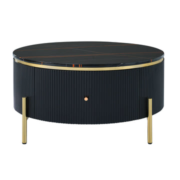 Black Modern Round Coffee Table with 2 large Drawers Storage Accent and Golden Leg