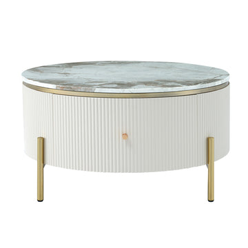 White Modern Round Coffee Table with 2 large Drawers Storage Accent and Golden Leg