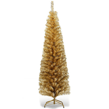 6 ft Yellow Artificial Easy Assemble Pencil Christmas Tree with Electroplated PET Needles