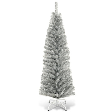 6 ft White Artificial Easy Assemble Pencil Christmas Tree with Electroplated PET Needles