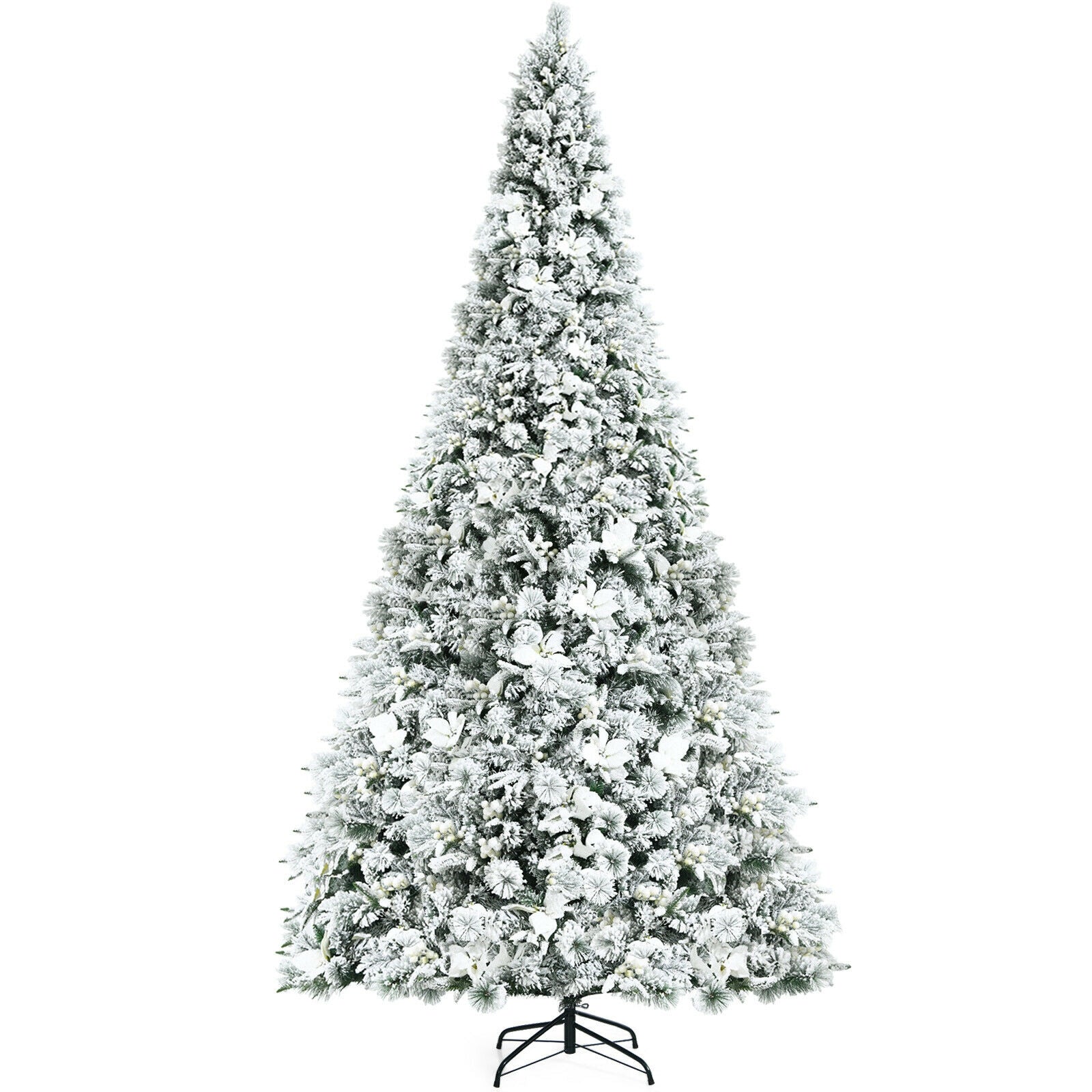 8 ft Snow Flocked Hinged Christmas Tree with Berries and Poinsettia