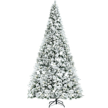 8 ft Snow Flocked Hinged Christmas Tree with Berries and Poinsettia