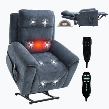 Blue Chenille Dual Motor Infinite Position Up to 350 LBS Power Lift Recliner Chair with 8-Point Vibration Massage and Lumbar Heating