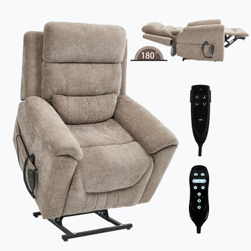 Chenille Brown Khaki Dual Motor Infinite Position Up to 350 LBS Power Lift Recliner Chair with 8-Point Vibration Massage and Lumbar Heating