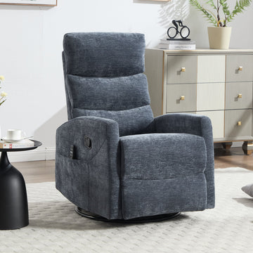 Blue Chenille Fabric Heat Massage Manual Recliner Chair with Rocker and Swivel for Living Room