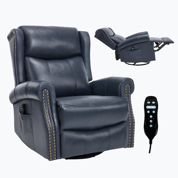 Blue Genuine leather Heat Massage Manual Recliner Chair with Rocker and Swivel for Living Room