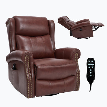 Dark Red Genuine leather Heat Massage Manual Recliner Chair with Rocker and Swivel for Living Room