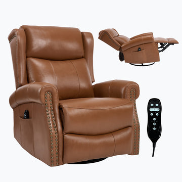 Dark Yellow Genuine leather Heat Massage Manual Recliner Chair with Rocker and Swivel for Living Room