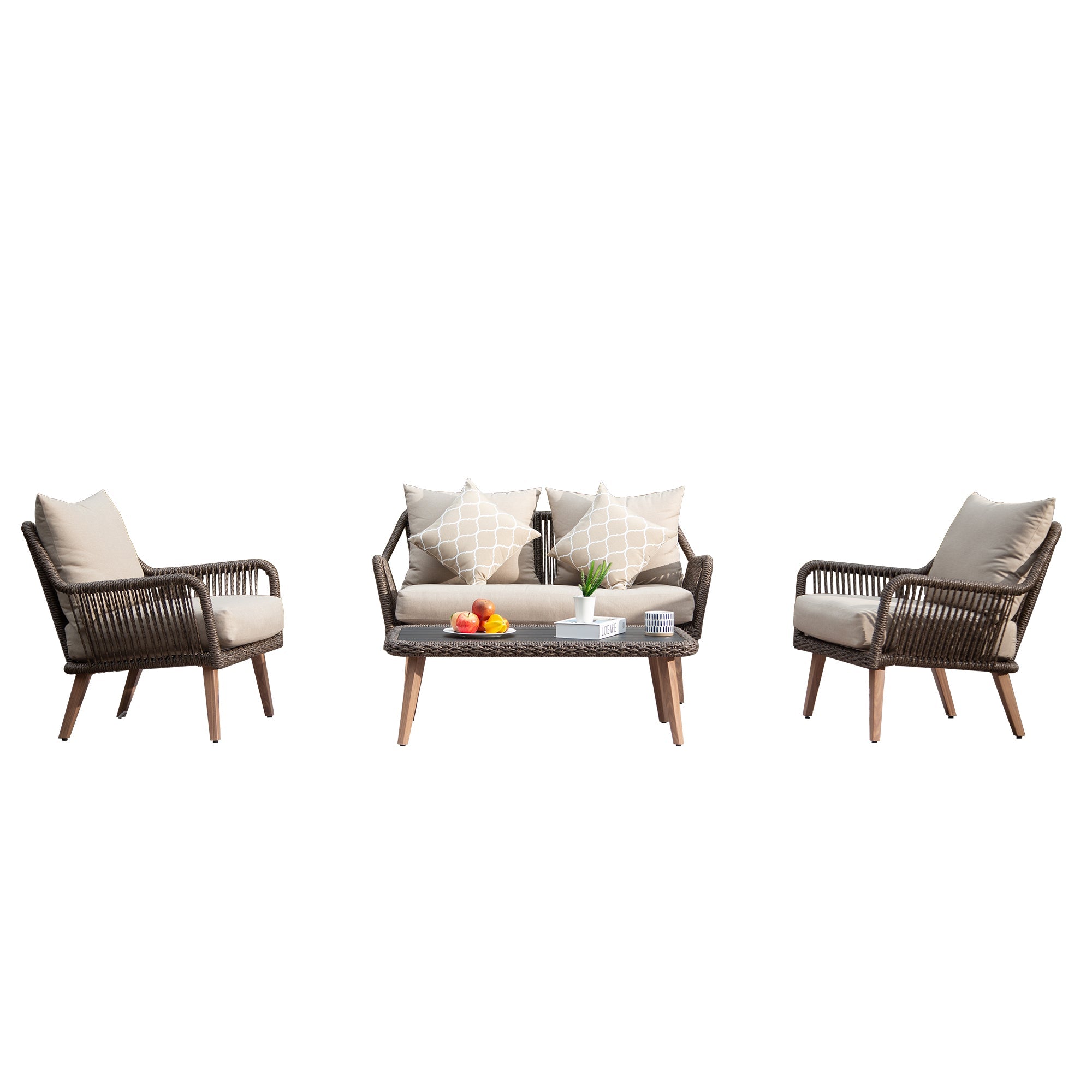 Patio Conversation Sets 4-Pieces, Handwoven Rattan Wicker Aluminum Frame Outdoor Patio Set, All-Weather Modern Rope Patio Loveseat with Coffee Table for Garden Balcony Deck Poolside Porch (Khaki)
