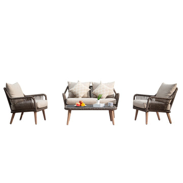 Patio Conversation Sets 4-Pieces, Handwoven Rattan Wicker Aluminum Frame Outdoor Patio Set, All-Weather Modern Rope Patio Loveseat with Coffee Table for Garden Balcony Deck Poolside Porch (Khaki)