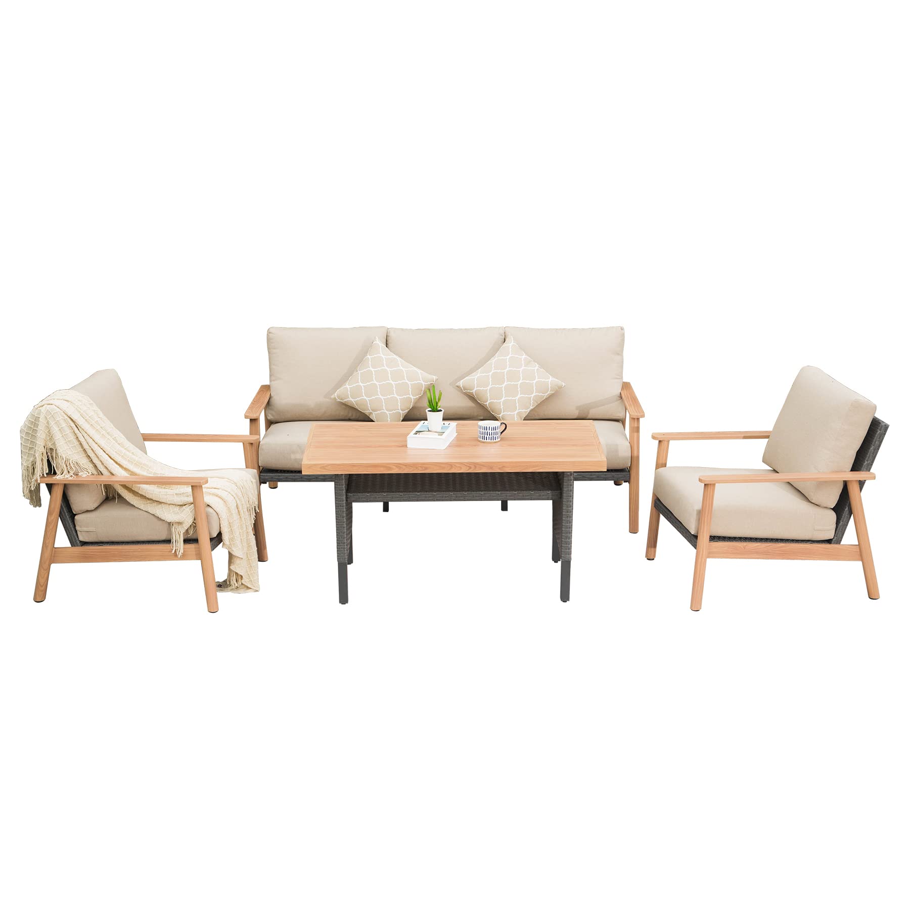Outdoor Wicker Patio Furniture Sets 4 Pieces, All-Weather Aluminum Rattan Padded Sofa Patio Conversation Sets with 2 Pillows for Porch Deck Garden(Khaki