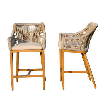 Bar Stools Set of 2, Outdoor Counter Height Bar Chairs with Arm and Backrest, Aluminum Tall Bar stools with Cushion Modern Textilene Rope Boho Barstools for Garden, Pool, Patio, Kitchen-Square Backres