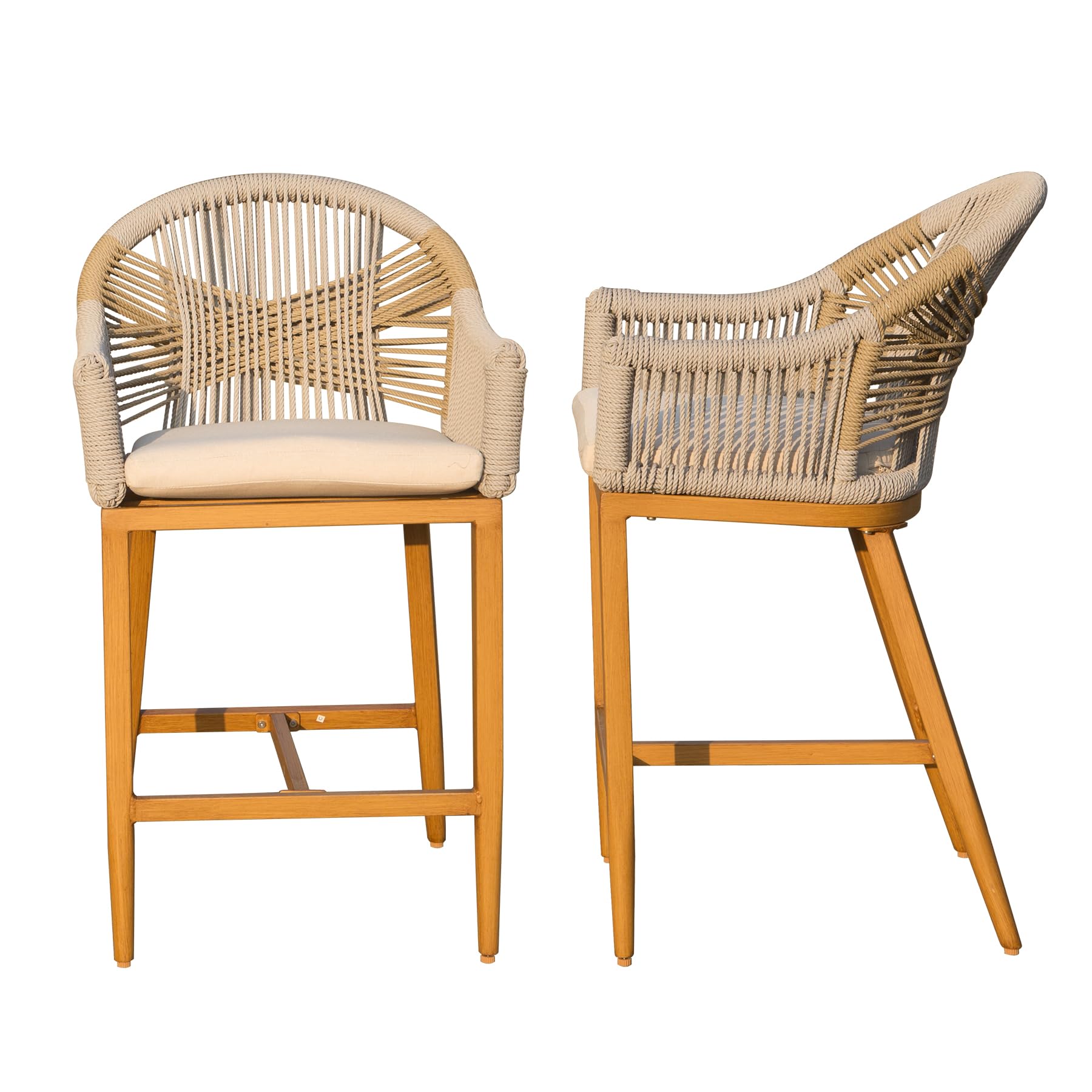 Bar Stools Set of 2 with Arm and Backrest, Outdoor Counter Height Bar Chairs with Cushion, Aluminum Tall Bar stools Modern Textilene Rope Boho Barstools for Garden, Pool, Patio, Kitchen-Rounded Backre