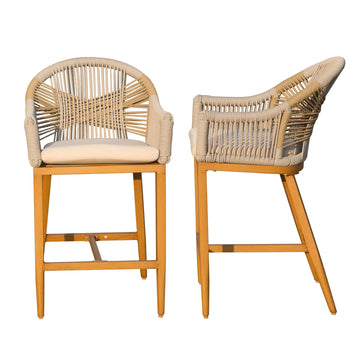 Bar Stools Set of 2 with Arm and Backrest, Outdoor Counter Height Bar Chairs with Cushion, Aluminum Tall Bar stools Modern Textilene Rope Boho Barstools for Garden, Pool, Patio, Kitchen-Rounded Backre