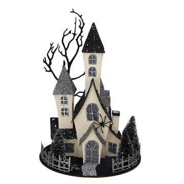 Battery Powered Cardboard Haunted House Black Beige Tabletop Holiday Halloween Decor with Warm LED Lights