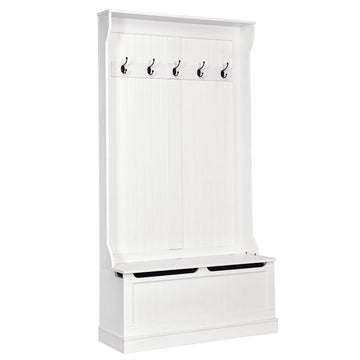 3 in 1 White Entryway Storage Bench with Coat Racks and Shoe Seat