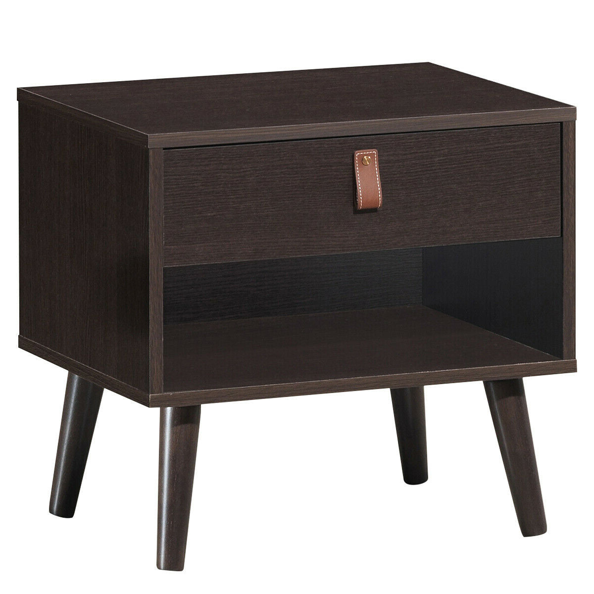 Brown Mid-Century Style Nightstand with Drawer Storage Shelf