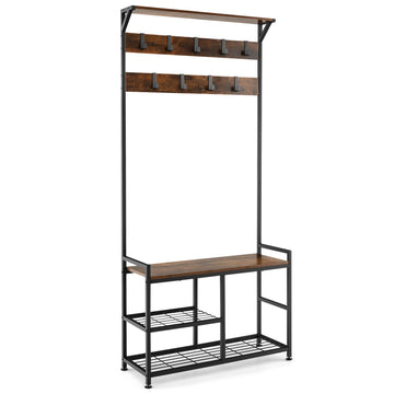 3 in 1 Brown Industrial Coat Rack Space Saving Entryway Organizer with Shoe Bench and 9 Hooks