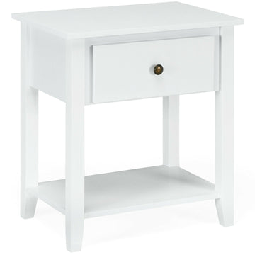 White Nightstand with Drawer and Storage Shelf for Bedroom