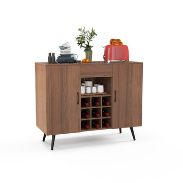 Walnut Brown Mid-Century Modern Buffet Cabinet with Wine Rack and Ample Storage