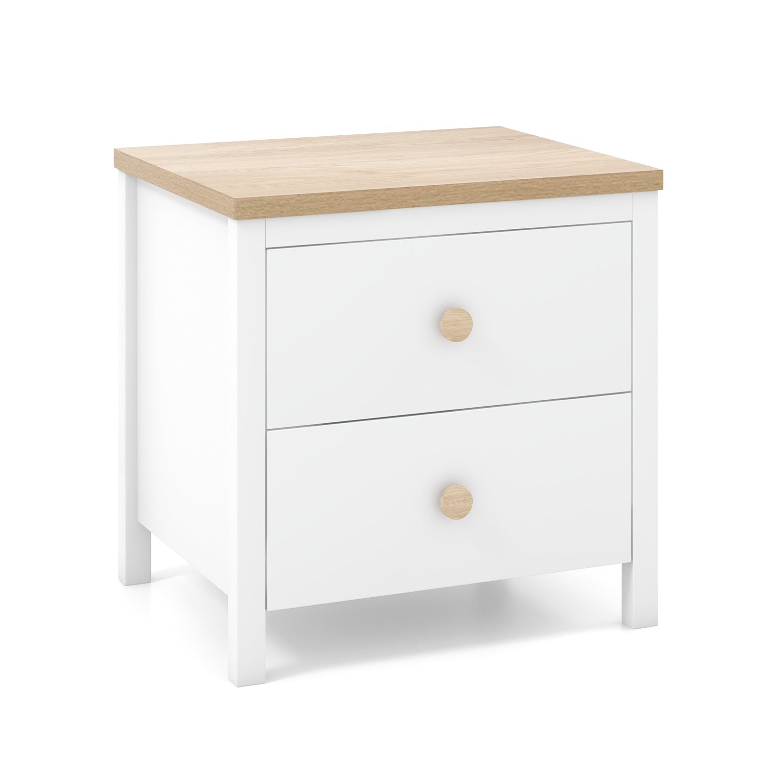White 2-Drawer Nightstand with Rubber Wood Legs