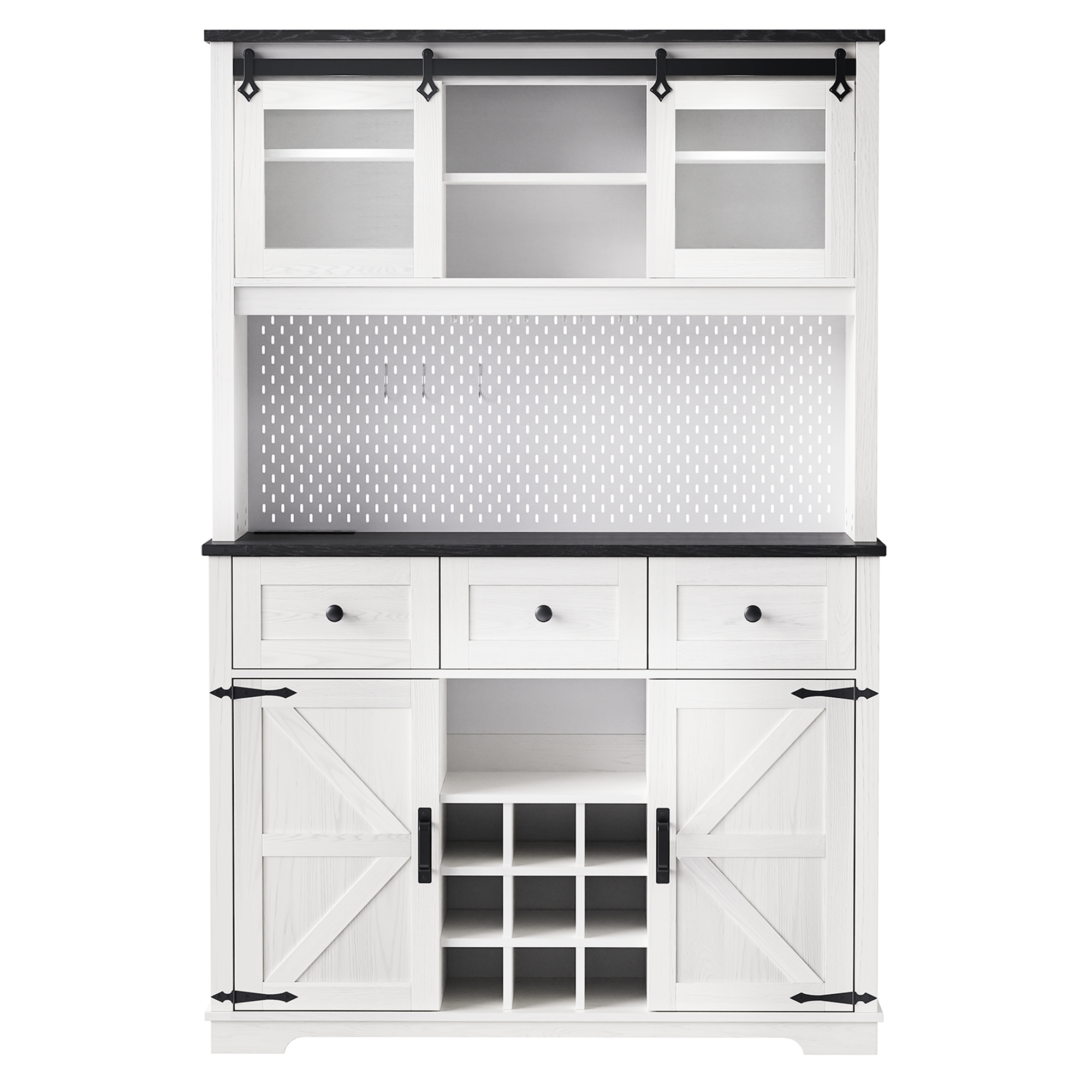 71" Farmhosue Pantry Bar Cabinet with Internal Storage Rack,Kitchen Cabinet with Hutch,Sliding Door,Rustic Coffee Bar Storage Cabinet,White Oak