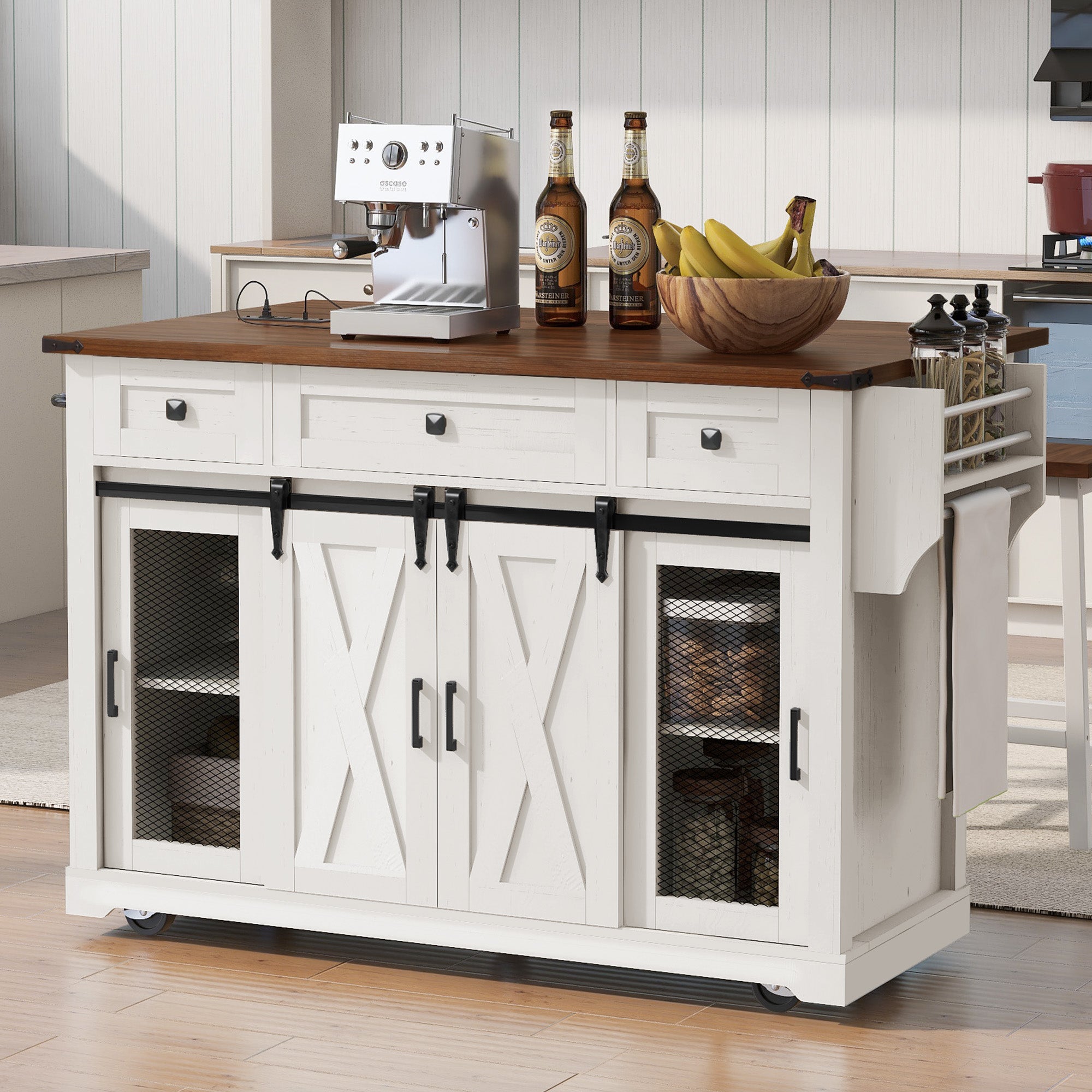58" Farmhouse Kitchen Island with Storage, Sliding Barn Door & Metal Grid Side Door, Rolling Kitchen Island on 5 Wheels with Spice Rack, Glass Holders,Island Table with Drop Leaf for Kitchen