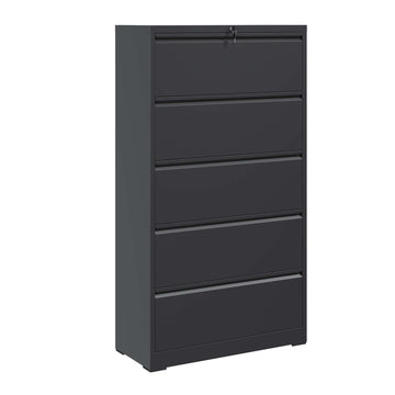 5 Drawer Metal Lateral File Cabinet , Black Filing Cabinet with Lock, Lockable File Cabinet for Home Office, Locking Metal File Cabinet for Legal/Letter/A4/F4 Size