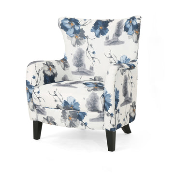 White and Blue Contemporary Vintage Print Fabric Upholstered Club Chair. Patterned Armchair for Primary Living Space