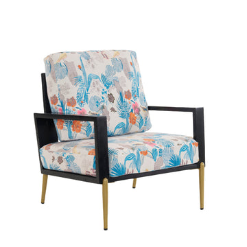 Blue Retro Rubberwood Frame Low Back Floral Print Velvet Accent Armchair with Gold Metal Legs and Pillow Back for Living Room and Balcony
