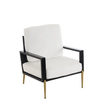 White Modern Rubberwood Frame Low Back White Upholstered Accent Armchair with Gold Metal Legs and Pillow Back for Living Room and Balcony