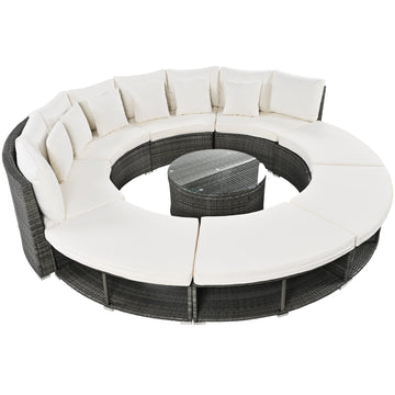 9-Piece Outdoor Patio Furniture Luxury Circular Outdoor Sofa Set Rattan Wicker Sectional Sofa Lounge Set with Tempered Glass Coffee Table, 6 Pillows