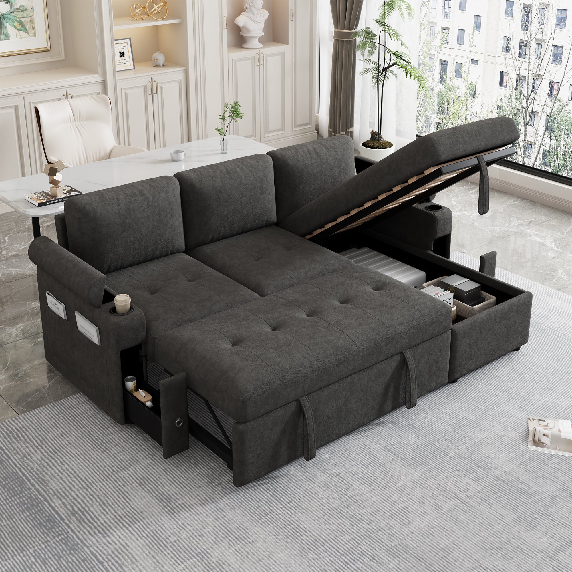 83.5" L-shaped Sofa Couch Convertible Sofa Bed Sectional Sofa with Ample Storage Space, Two Cup Holders and Two USB Ports for Living Room