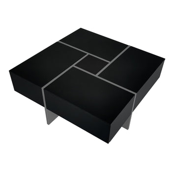 Black Unique Design Square Coffee Table with 4 Hidden Storage Compartments and Extendable Sliding Tabletop for Living Room