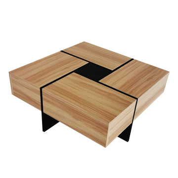 Brown Unique Design Square Coffee Table with 4 Hidden Storage Compartments and Extendable Sliding Tabletop for Living Room