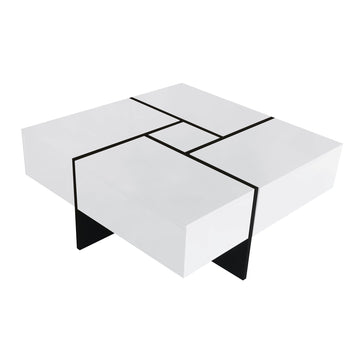 White Unique Design Square Coffee Table with 4 Hidden Storage Compartments and Extendable Sliding Tabletop for Living Room