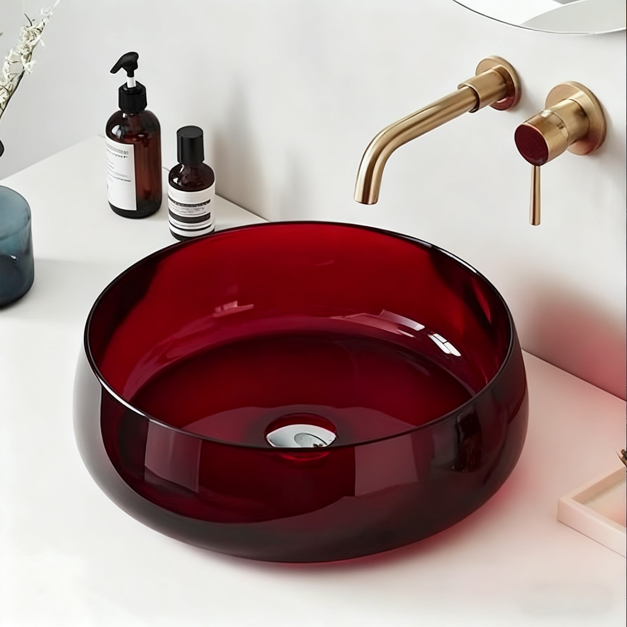 17.7 Inch Round Burgundy Resin Bathroom Vanity Sink Countertop Sink