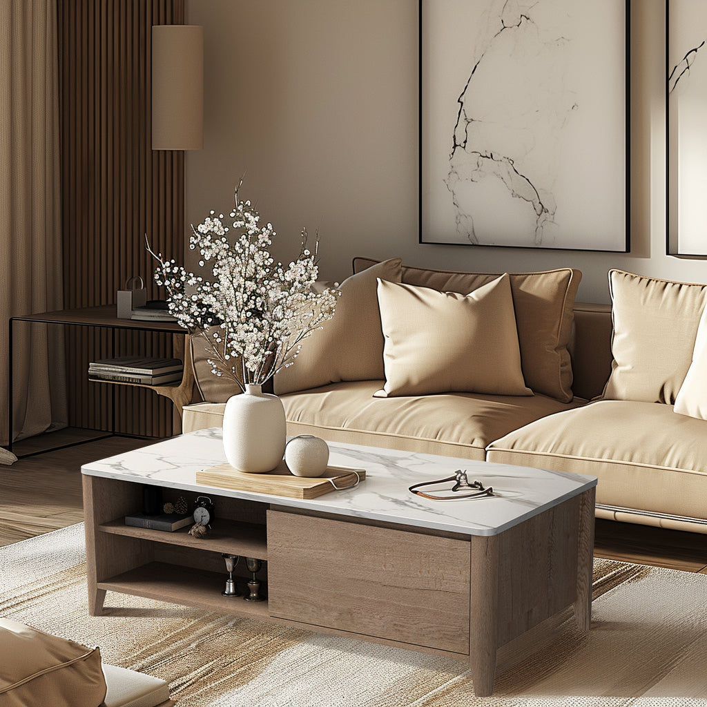 47 Inch Modern Coffee Table with Marble Table Top Farmhouse Coffee Table with Storage for Living Room or Office, Wood and White Marble
