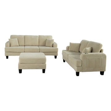 84.64 in Wide Straight Arm Fabric Rectangle 3-Seat Sofa Sectional with USB Charger and Cup Holder in Beige