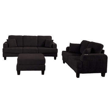 84.64 in Wide Straight Arm Fabric Rectangle 3-Seat Sofa Sectional with USB Charger and Cup Holder in Black